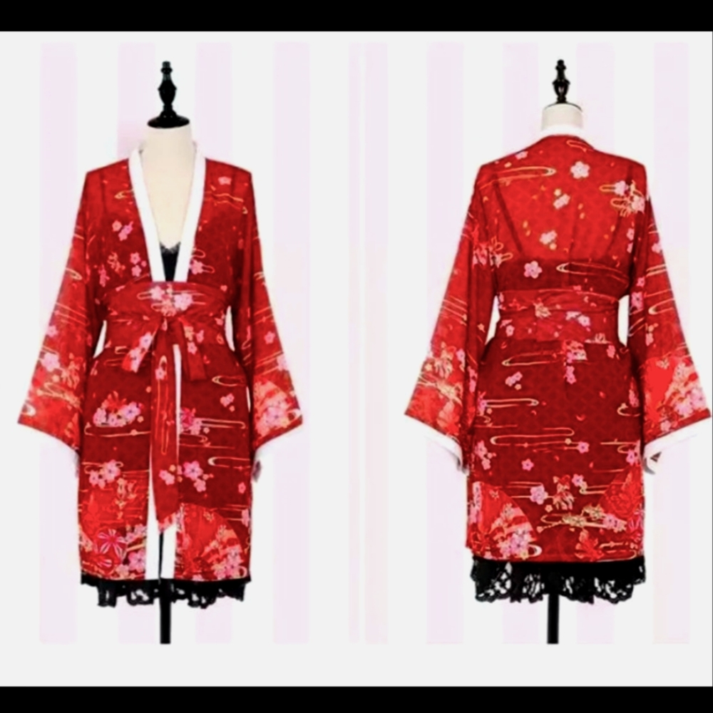 Red and black Japanese kimono spring set harajuku